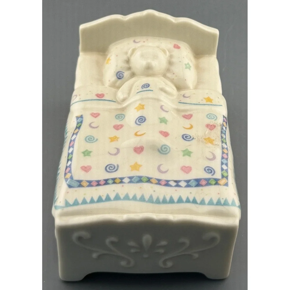 Vintage Lenox Music Box Bears Heirloom Teddy Bear in Bed Plays Brahms Lullaby 5